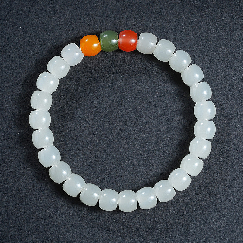 High-quality Warm White Hetian Jade Straight-cut Mixed Gem Single-row Bracelet