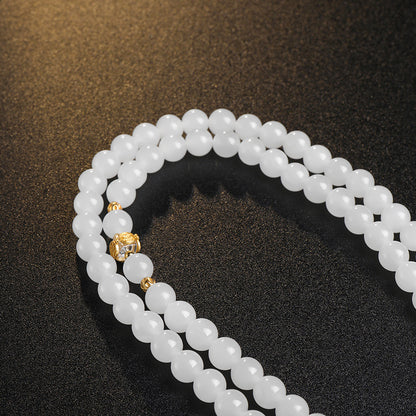 White Hetian Jade Necklace, Elegant Chinese Style Beaded Chain for Women, Dual-use Sweater Chain & Neck Ornament