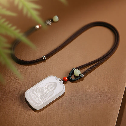 Masterpiece Hetian Jade Pendant, White Jade Sitting Guanyin, Double-sided Carving, Men's Style with Cord, Gift for Men