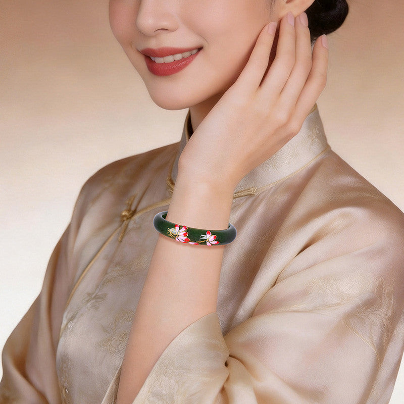 Blooming Splendor Hetian Jasper Bangle, Spinach Green Carved Bangle, Multiple Sizes Available