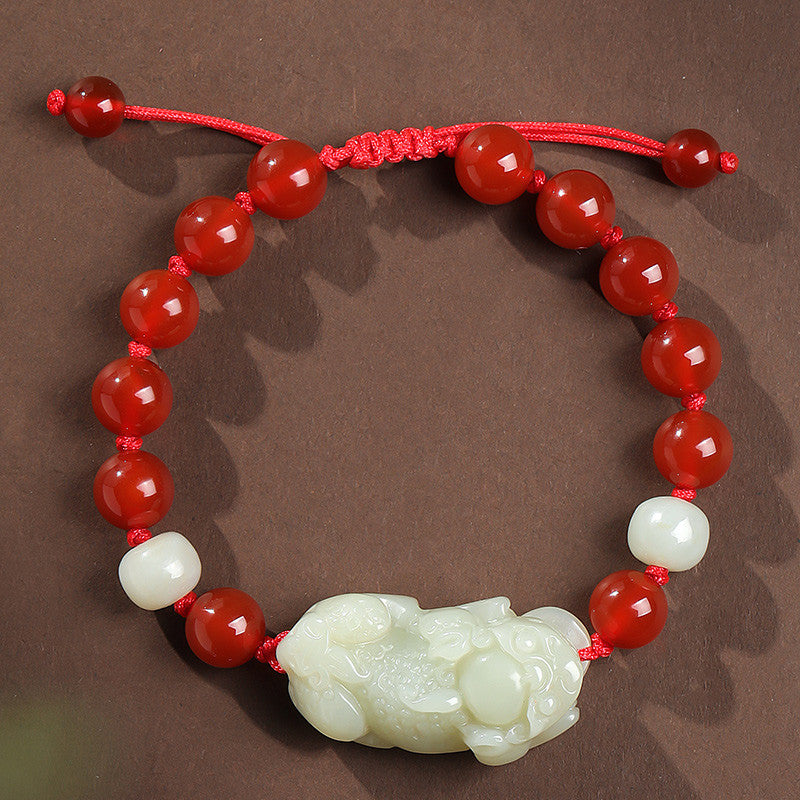 Hetian Jade Pixiu Bracelet, Adjustable Cord Single Loop Couple Bracelet for Men & Women