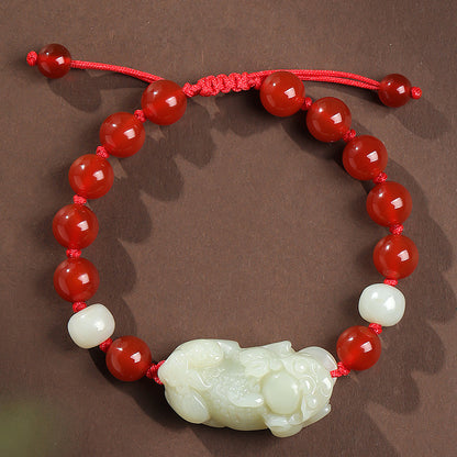 Hetian Jade Pixiu Bracelet, Adjustable Cord Single Loop Couple Bracelet for Men & Women