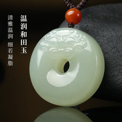Smooth & Worry-free | Hetian Jade Pixiu Head Safety Buckle Pendant, Unisex Auspicious Beast Jade Charm with Braided Cord for Gift