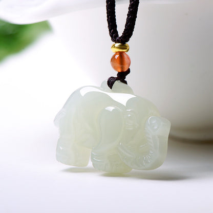 3D Hetian Jade Elephant Pendant, Auspicious Peace Elephant Jade Charm