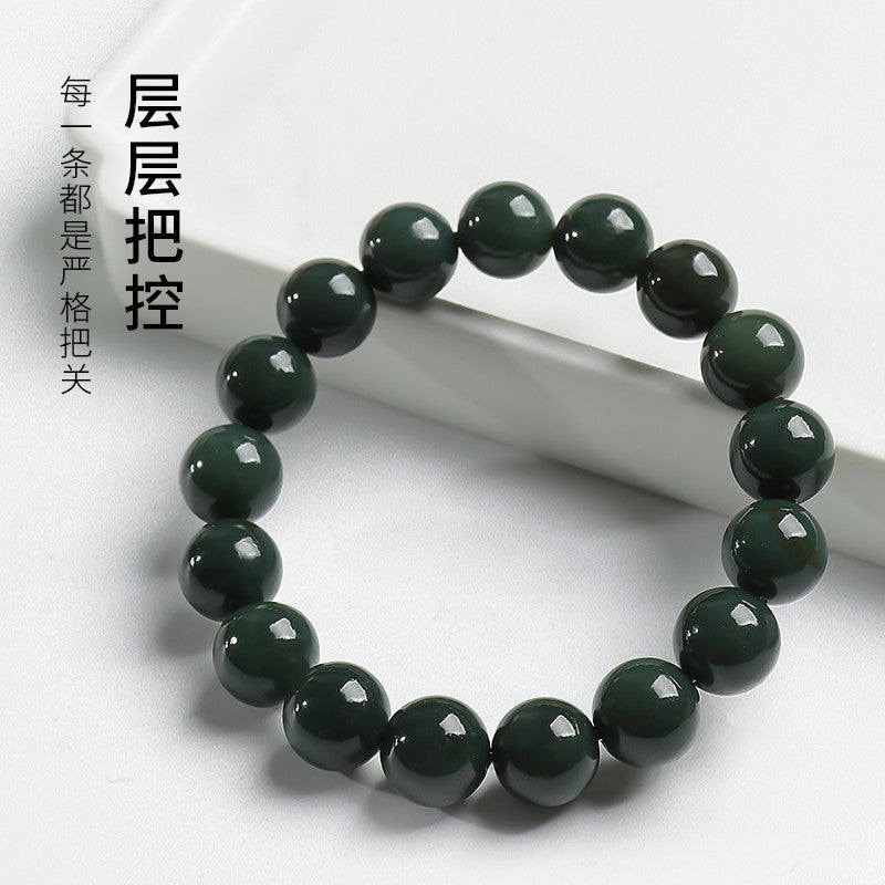Unisex Green Hetian Jade Round Bead Single-row Bracelet, Festival Gift