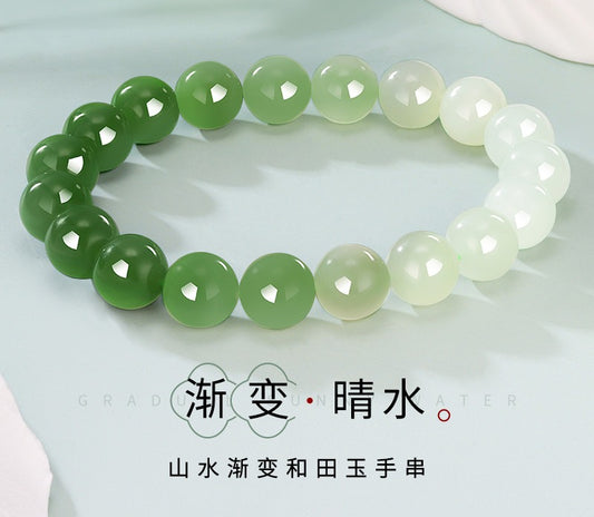 Gradient Landscape Hetian Jade Bracelet, Stylish Versatile Beaded Bangle, Daily Commute Jewelry, Gift for Friends & Mom