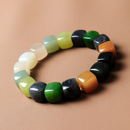 Blend with the World | Unisex Multi-color Hetian Jade Square Bead Bracelet & Handheld Ornament