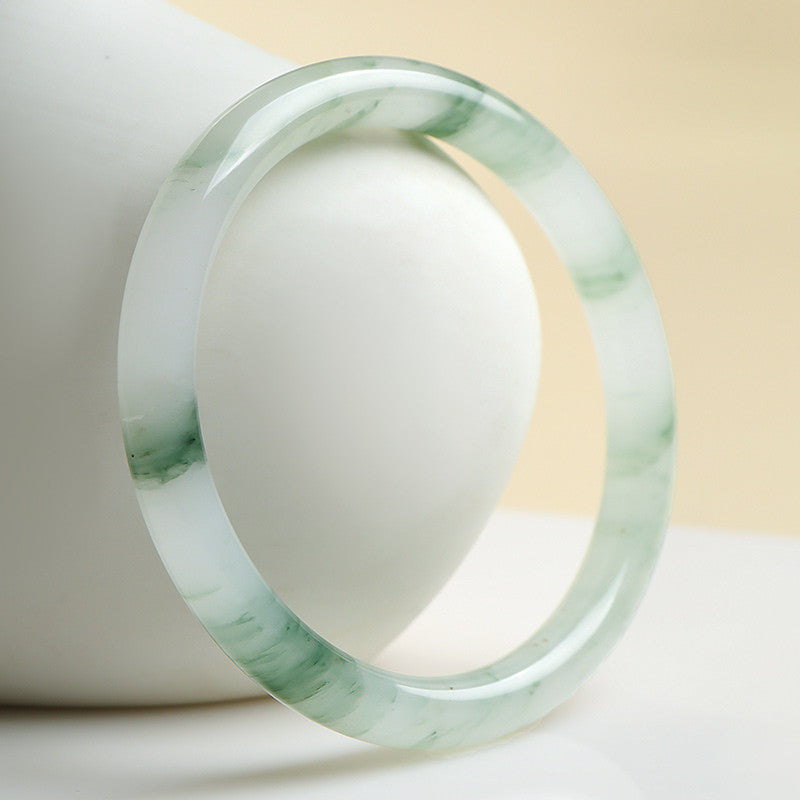 Icy Green Floating Strip Quartzite Bangle, Tianshan Cui Round Bar Jade Bracelet