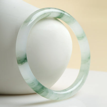 Icy Green Floating Strip Quartzite Bangle, Tianshan Cui Round Bar Jade Bracelet