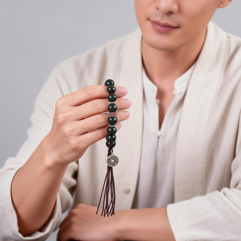 Unisex Green Hetian Jade Bracelet & Hand String with Mountain Ghost Coin, Festival Gift