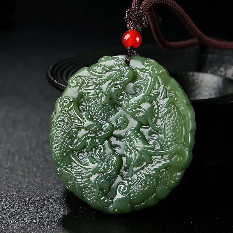 Unisex Hetian Jade Pendant, Double-sided Carved Nine Dragons