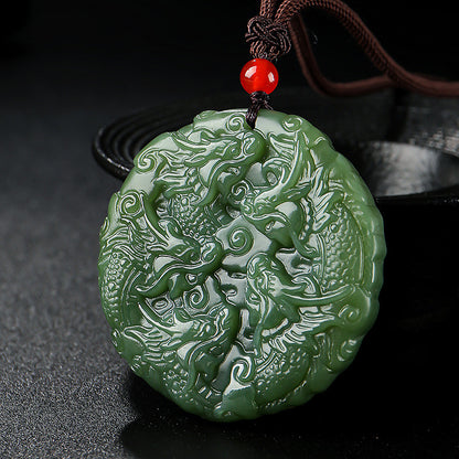 Unisex Hetian Jade Pendant, Double-sided Carved Nine Dragons