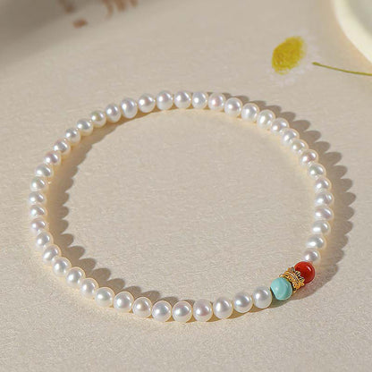 Light Luxury Freshwater Pearl Bracelet, Multi-gem Bracelet with Mini Pearls, Tourmaline & Turquoise