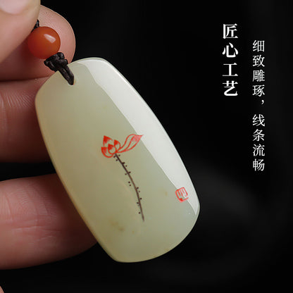Master's Unique Piece, Hetian Jade Plain Pendant with Linear Carved Lotus, Unisex Jade Plaque