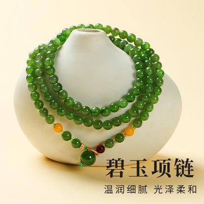 Spinach Green Hetian Jasper Round Bead Necklace, Sweater Chain, Gift for Mom