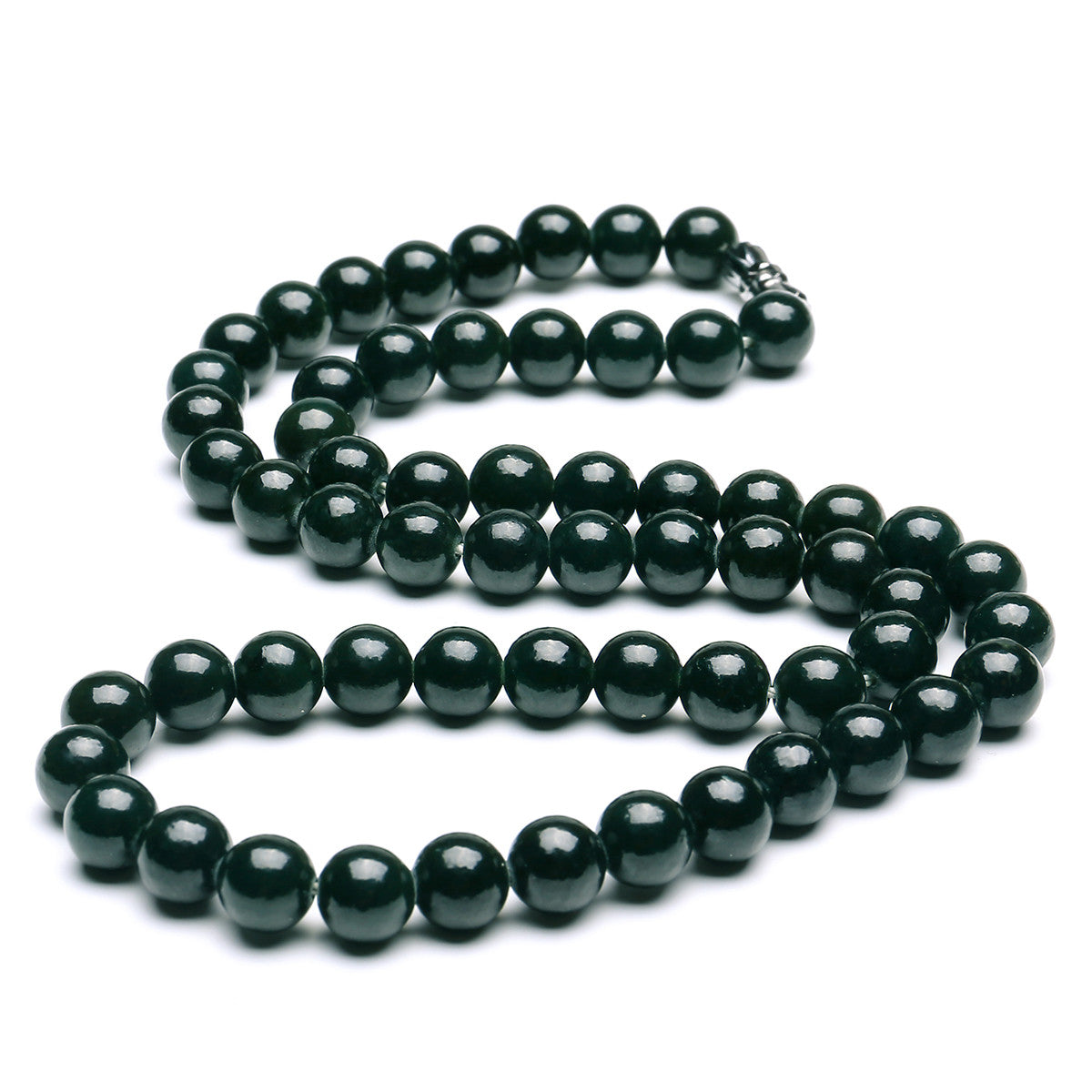 Dark Green Hetian Jade Round Bead Necklace, Women Long Sweater Chain