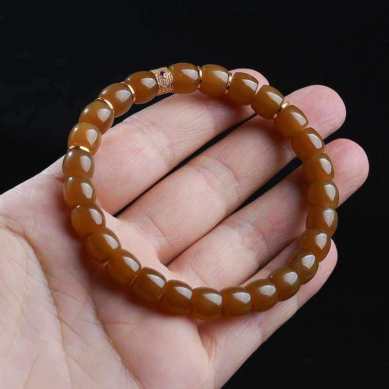 Women's Hetian Jade Bracelet, Glossy Sugar Material Barrel Beads Single-Circle Bangle, Festival Gift