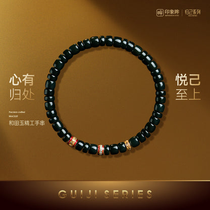 High-quality Straight-cut Round Hetian Jade Single-row Bracelet, Unisex Luxury Jade Bracelet
