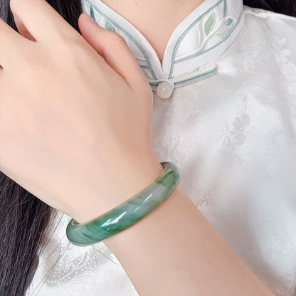 Natural Tianshan Green Bangle, Icy Translucent Floating Green Round Bangle, Wide Band Jade Bracelet with Certificate, Gift for Mom