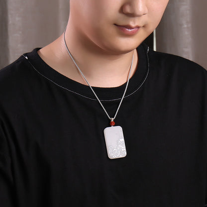 Double-Sided Carved Water Pattern White Hetian Jade Pendant, Couple Jade Ornament with Cord for Gifting