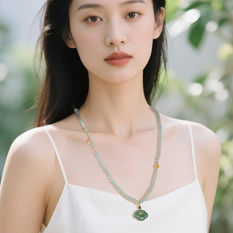 Hetian Pale Cyan Clear Water Ruyi Lock Necklace