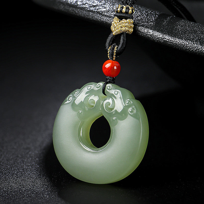 Pale Green Hetian Jade Hollow-Carved Double Dragon Safety Buckle Pendant, Unisex Jade Charm, With Certificate & Collectible Value