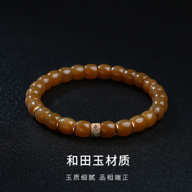 Women's Hetian Jade Bracelet, Glossy Sugar Material Barrel Beads Single-Circle Bangle, Festival Gift