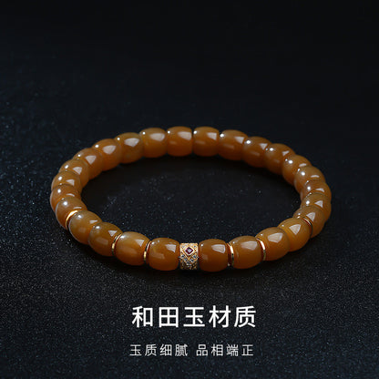 Women's Hetian Jade Bracelet, Glossy Sugar Material Barrel Beads Single-Circle Bangle, Festival Gift