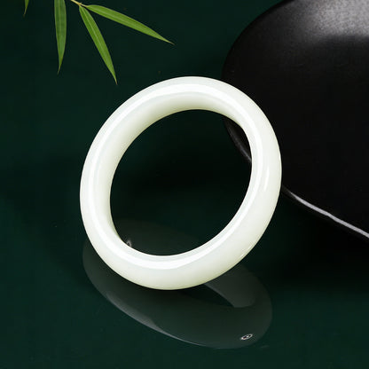 Ancient Style Wide Band Pale Cyan Hetian Jade Bangle, Qinghai Material Bluish White Jade Bracelet, Fashion Ornament with Certificate & Collectible Value