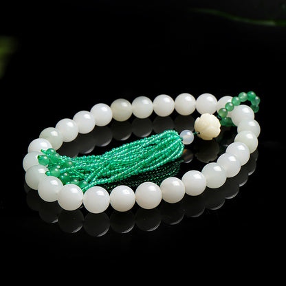Tianshan Green Jade Bracelet & Handheld Ornament, Round Beads with Tassel, Fresh Style Gift