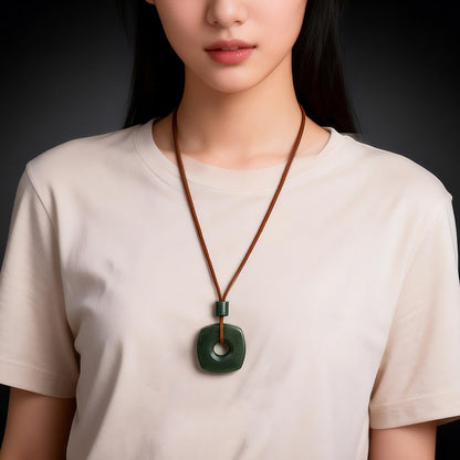 Chinese Retro Style Hetian Green Jade Square Plaque & Peace Buckle Pendant, Festival Gift