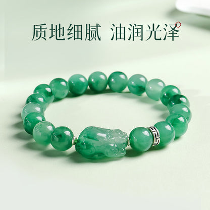 African Green Jade Bracelet, Unisex Floating Pattern Pixiu Beaded Bracelet, Ideal for Festival & Birthday Gift