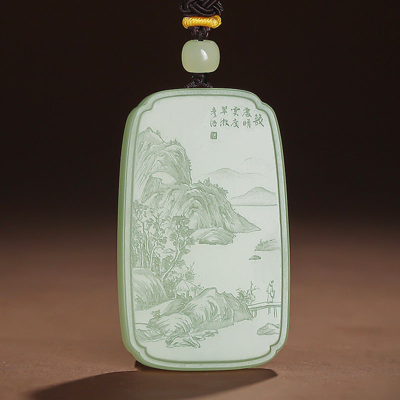 Master's Unique Piece | Hand Line-Carved Landscape Hetian Jade Pendant, Light Cyan & White Jade for Men & Women