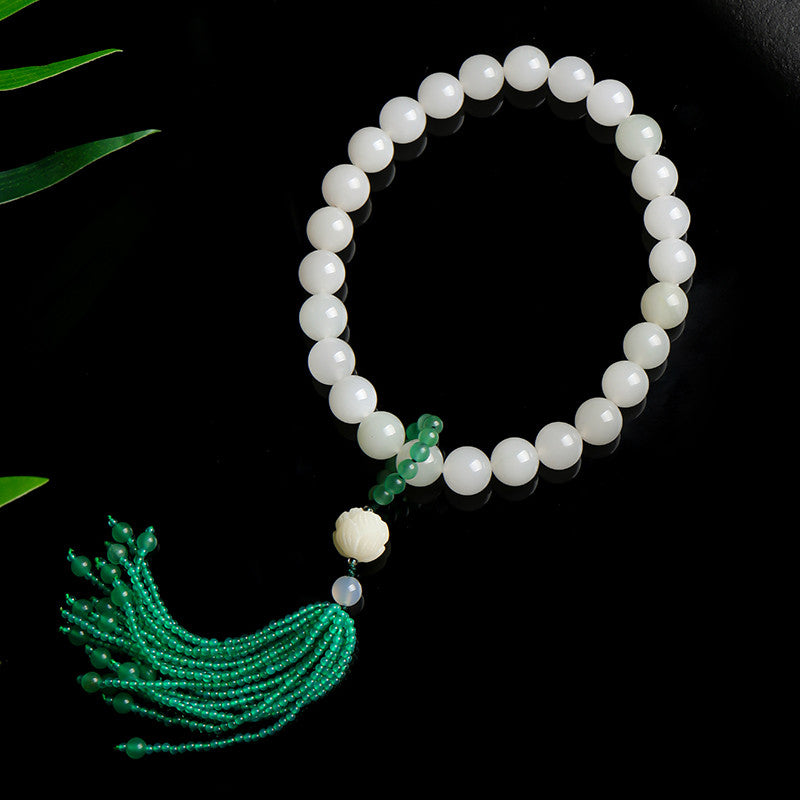 Tianshan Green Jade Bracelet & Handheld Ornament, Round Beads with Tassel, Fresh Style Gift