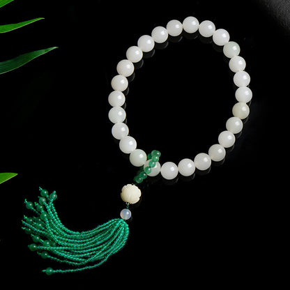 Tianshan Green Jade Bracelet & Handheld Ornament, Round Beads with Tassel, Fresh Style Gift
