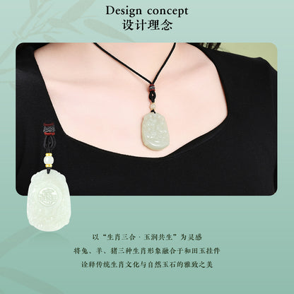Exquisitely Carved Hetian Jade Chinese Zodiac Three Harmony Pendant, Premium Holiday Gift