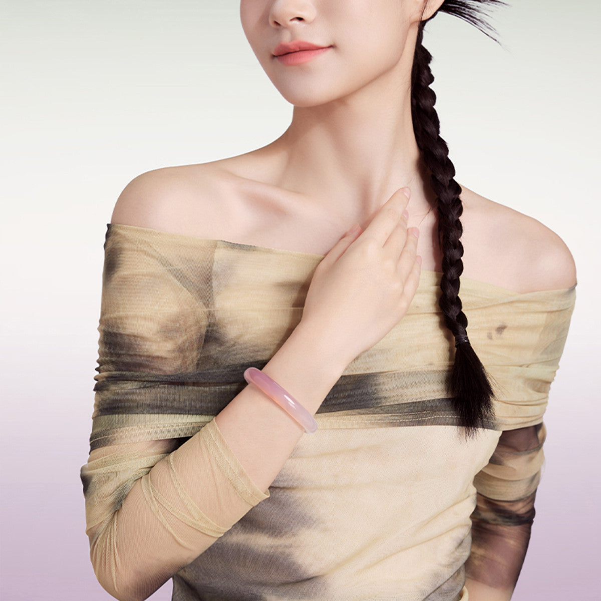 Pink White Chalcedony Bangle, Wide Band Beauty Bangle, New Chinese Style Jade Bracelet