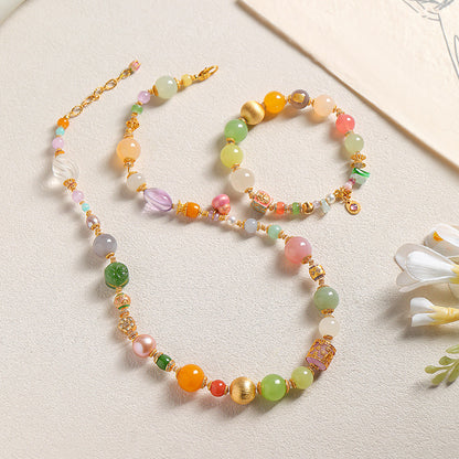 National Elegance Multi-gem Hetian Jade Bracelet & Necklace, Birthday Gift with Certificate