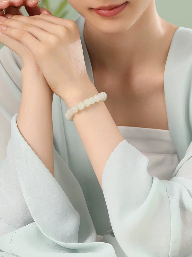 Natural Hetian Pale Clear Water Round Bead Bracelet, DIY Couple Jade Bangle, Authentic with Appraisal Certificate, Collectible Traditional Jewelry