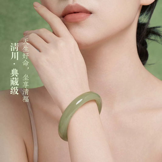 Upgraded Qingchuan Style Natural Hetian Qingyu Jade Bangle, Round Peace Bangle for Women, Authentic Jade Bracelet with Official Certificate, Collectible Chinese Traditional Jewelry, Perfect Birthday & Festival Gift