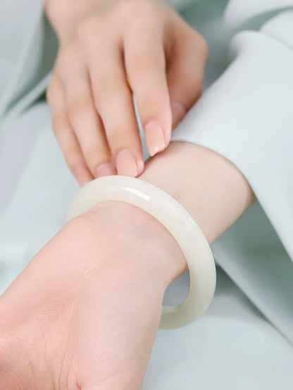 New Chinese Style Hetian Jade Bangle for Women, Frost & Moonlight Pale Green White Jade, Collectible with Certificate, Birthday Gift for Mom