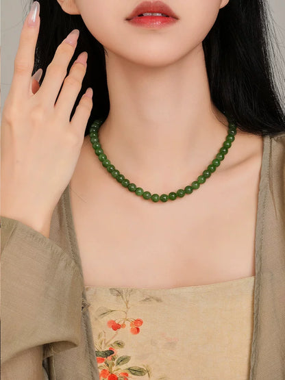 Luxury Hetian Jasper Jewelry Set, Round Bead Jade Necklace, Collectible with Certificate, Ideal Gift Choice