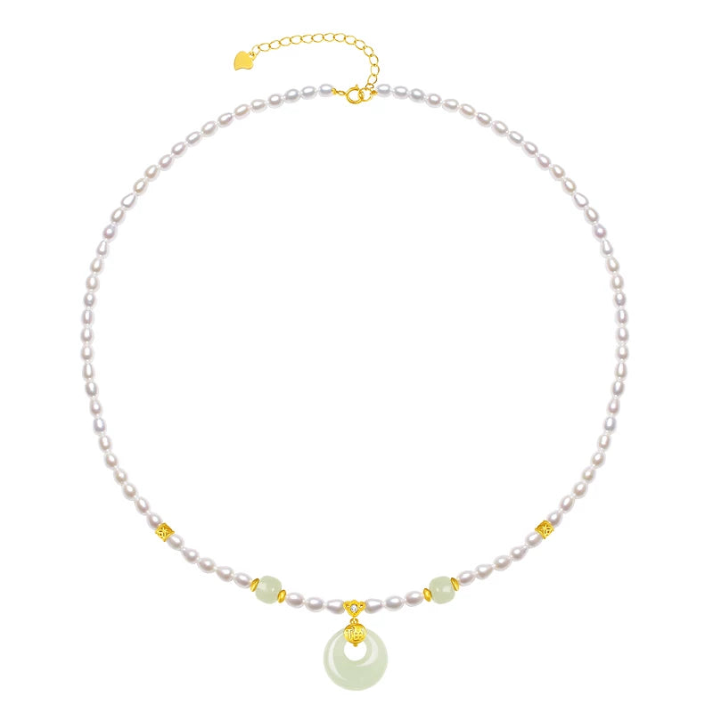 Certified Freshwater Rice Pearl Necklace Hetian Jade Peace Buckle Pendant Choker Collectible Jewelry Birthday Gift for Women
