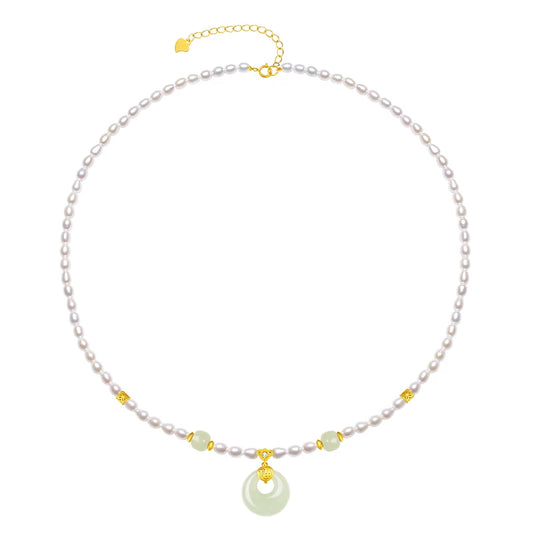 Certified Freshwater Rice Pearl Necklace Hetian Jade Peace Buckle Pendant Choker Collectible Jewelry Birthday Gift for Women