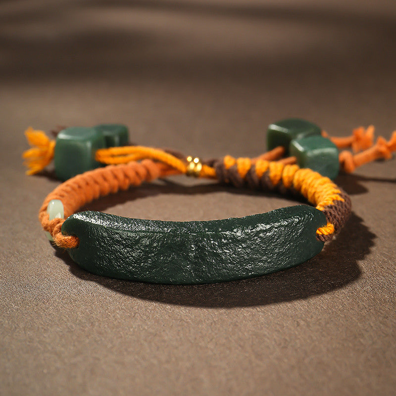 Dark Green Hetian Jade Bracelet for Men, Jade Beads with Brand Hand Rope, Holiday Gift