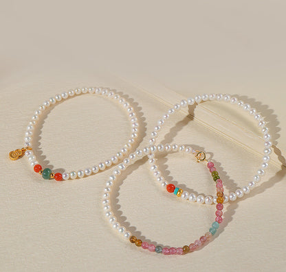Light Luxury Freshwater Pearl Bracelet, Multi-gem Bracelet with Mini Pearls, Tourmaline & Turquoise