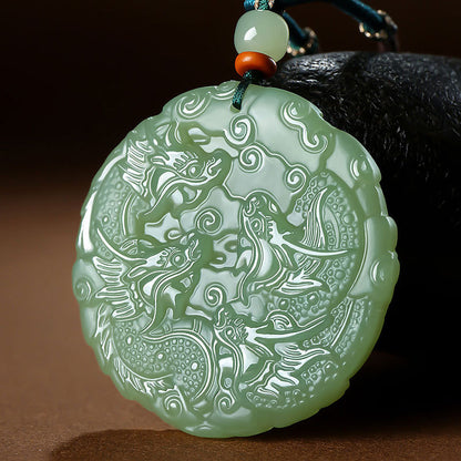 Double-Sided Carved Dark Green Hetian Jade Nine-Dragon Pendant, Unisex Jade Ornament