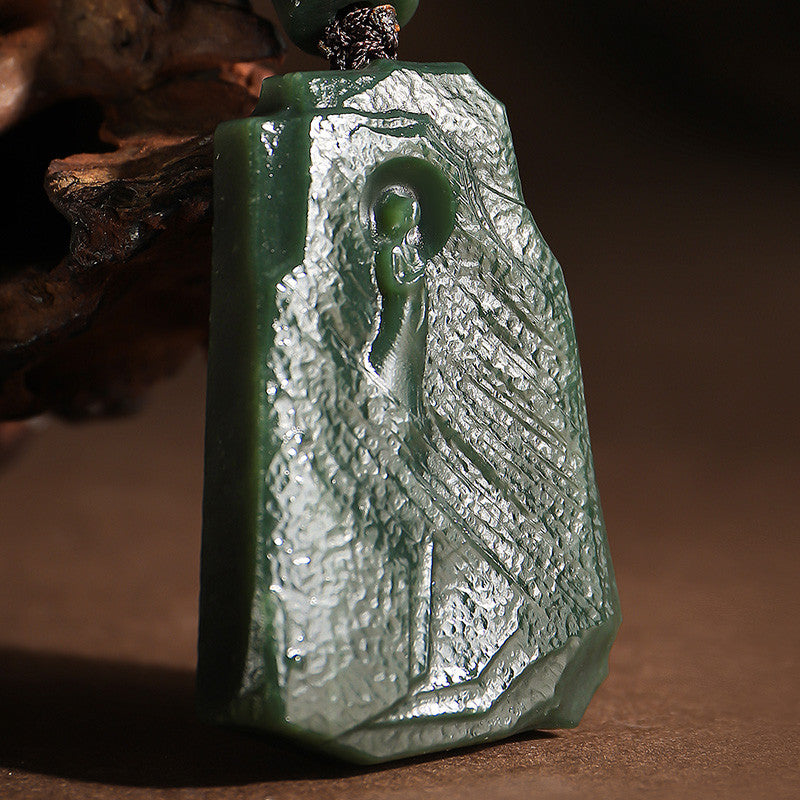 Antique Pattern Enlightenment Hetian Dark Green Jade Pendant, Retro Simple Jade Charm