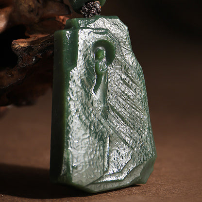 Antique Pattern Enlightenment Hetian Dark Green Jade Pendant, Retro Simple Jade Charm