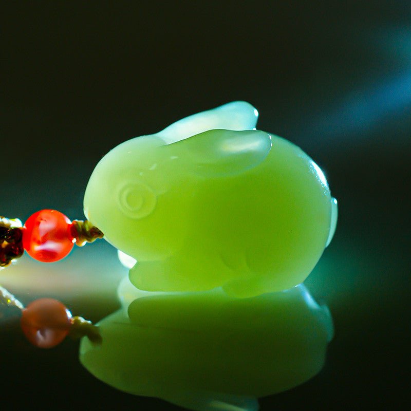 Plump Cute Rabbit Hetian Jade Pendant, Light Green Jade Chinese Zodiac Pendant, Unisex